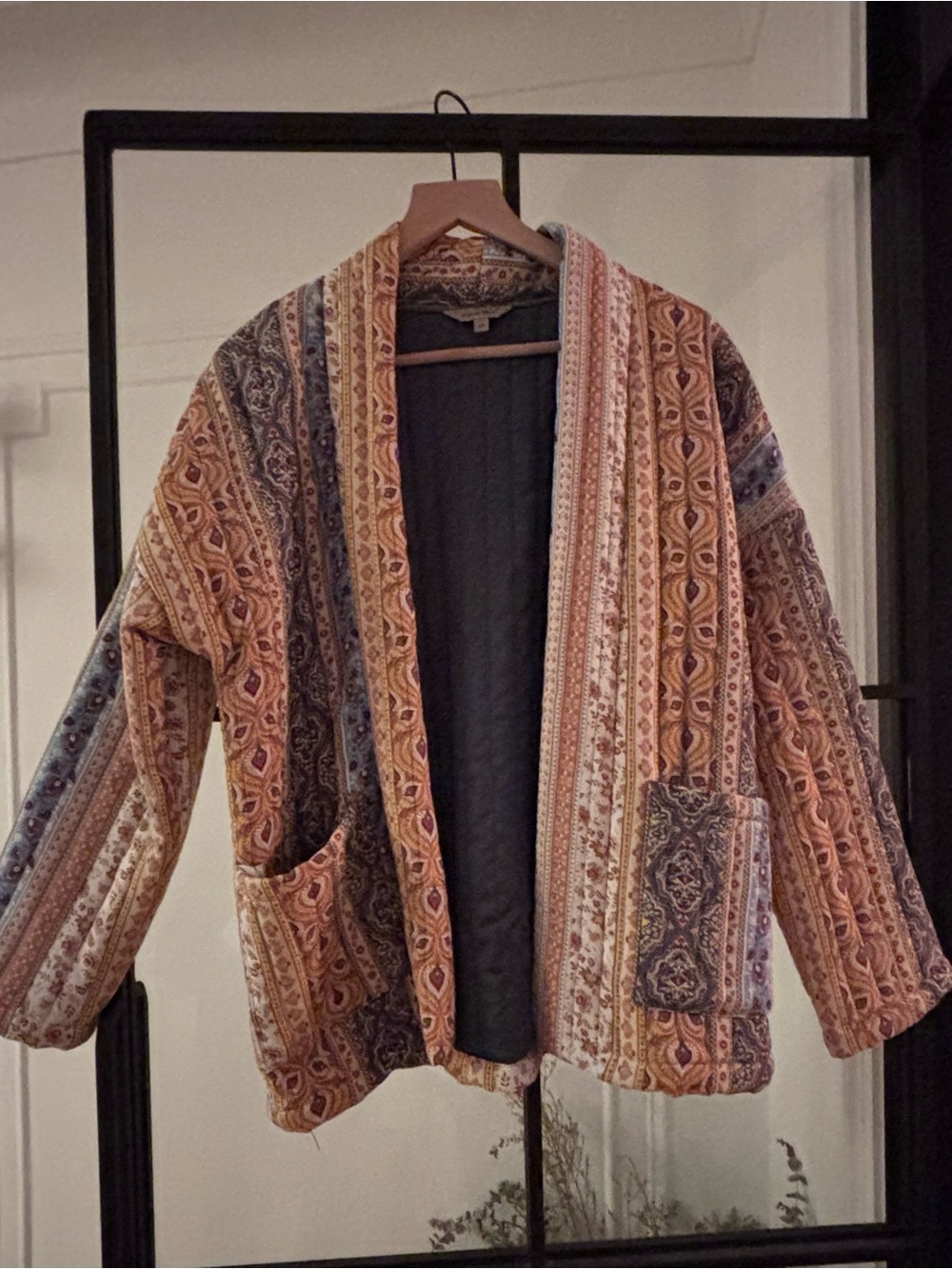 Quilted Multistripe Paisley Open Cardigan Jacket - Orange, Blue, Cream